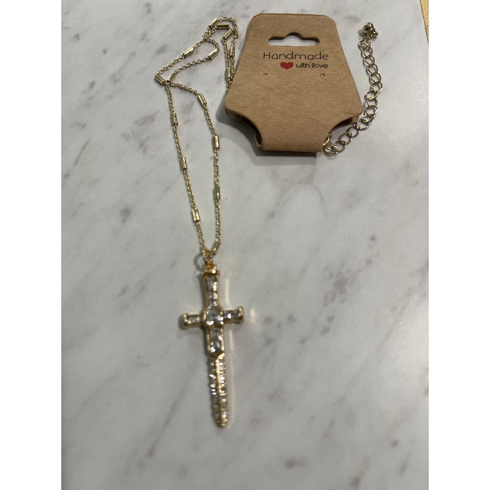 Gold Tone Rhinestones Sword Cross Pendant Necklace New - Picture 4 of 8